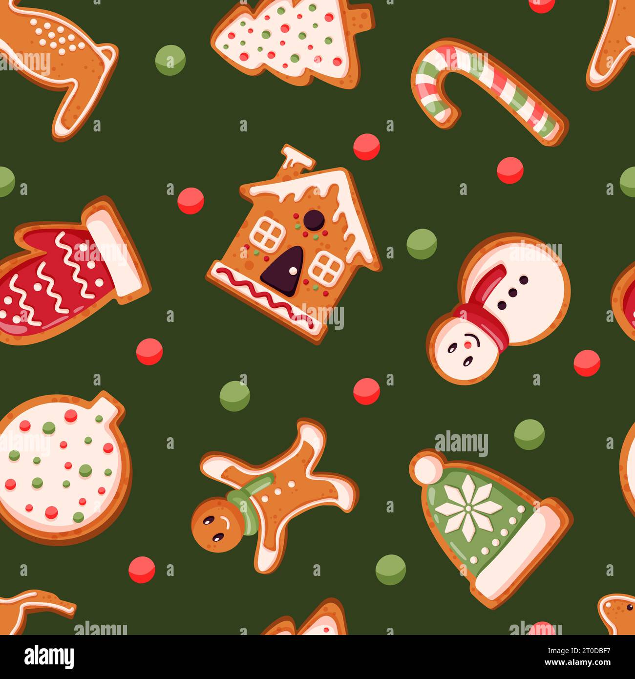 Gingerbread cookies seamless pattern in cartoon style. Winter baked goods in shape of house, gingerbread man, christmas tree, reindeer, mitten Stock Vector