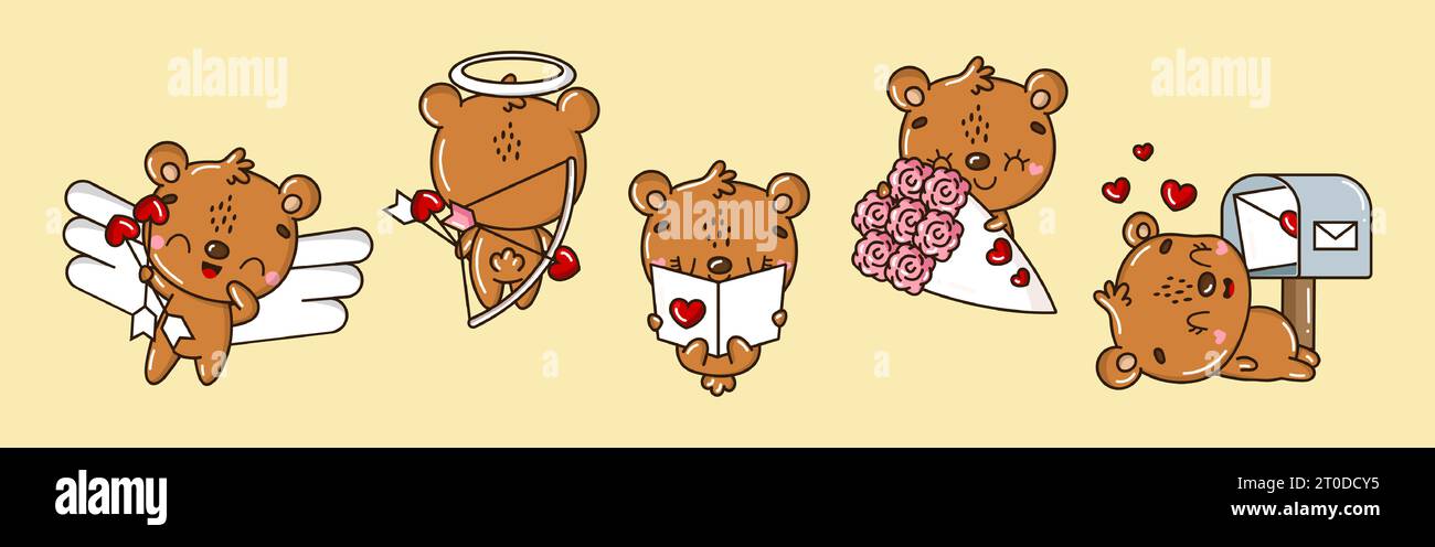 Set of Kawaii Brown Bear Illustrations. Collection of Cute Vector ...