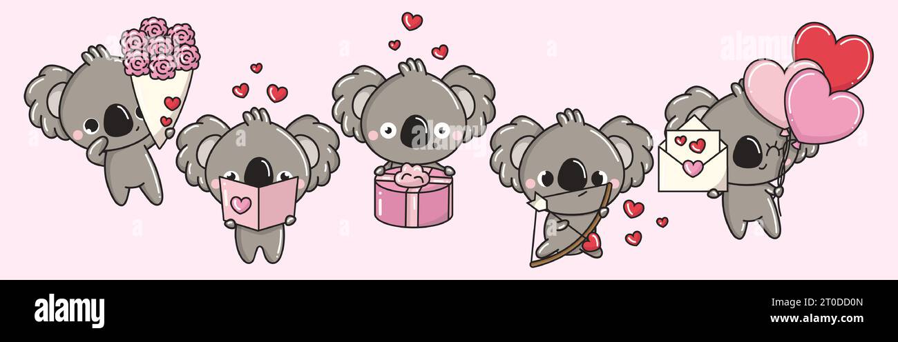 Set of Kawaii Koala Bear Illustrations. Collection of Cute Vector ...
