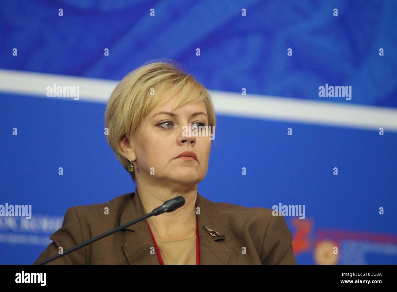 Saint Petersburg, Russia. 06th Oct, 2023. Elena Yagodkina, Deputy Head of the Federal Customs Service of Russia, speaks during the plenary session of the International Forum Anti-Counterfeit 2023 at the Presidential Library in St. Petersburg. Credit: SOPA Images Limited/Alamy Live News Stock Photo