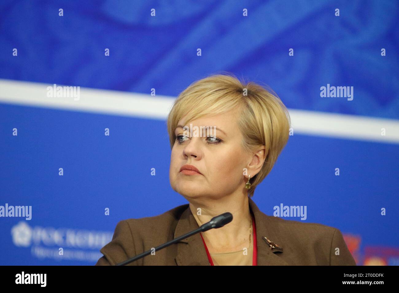 Saint Petersburg, Russia. 06th Oct, 2023. Elena Yagodkina, Deputy Head of the Federal Customs Service of Russia, speaks during the plenary session of the International Forum Anti-Counterfeit 2023 at the Presidential Library in St. Petersburg. (Photo by Maksim Konstantinov/SOPA Images/Sipa USA) Credit: Sipa USA/Alamy Live News Stock Photo