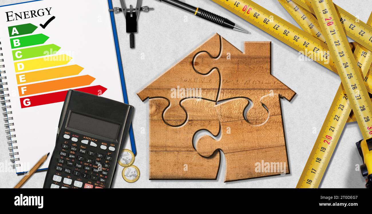 House energy efficiency rating. Wooden house made of puzzle pieces on