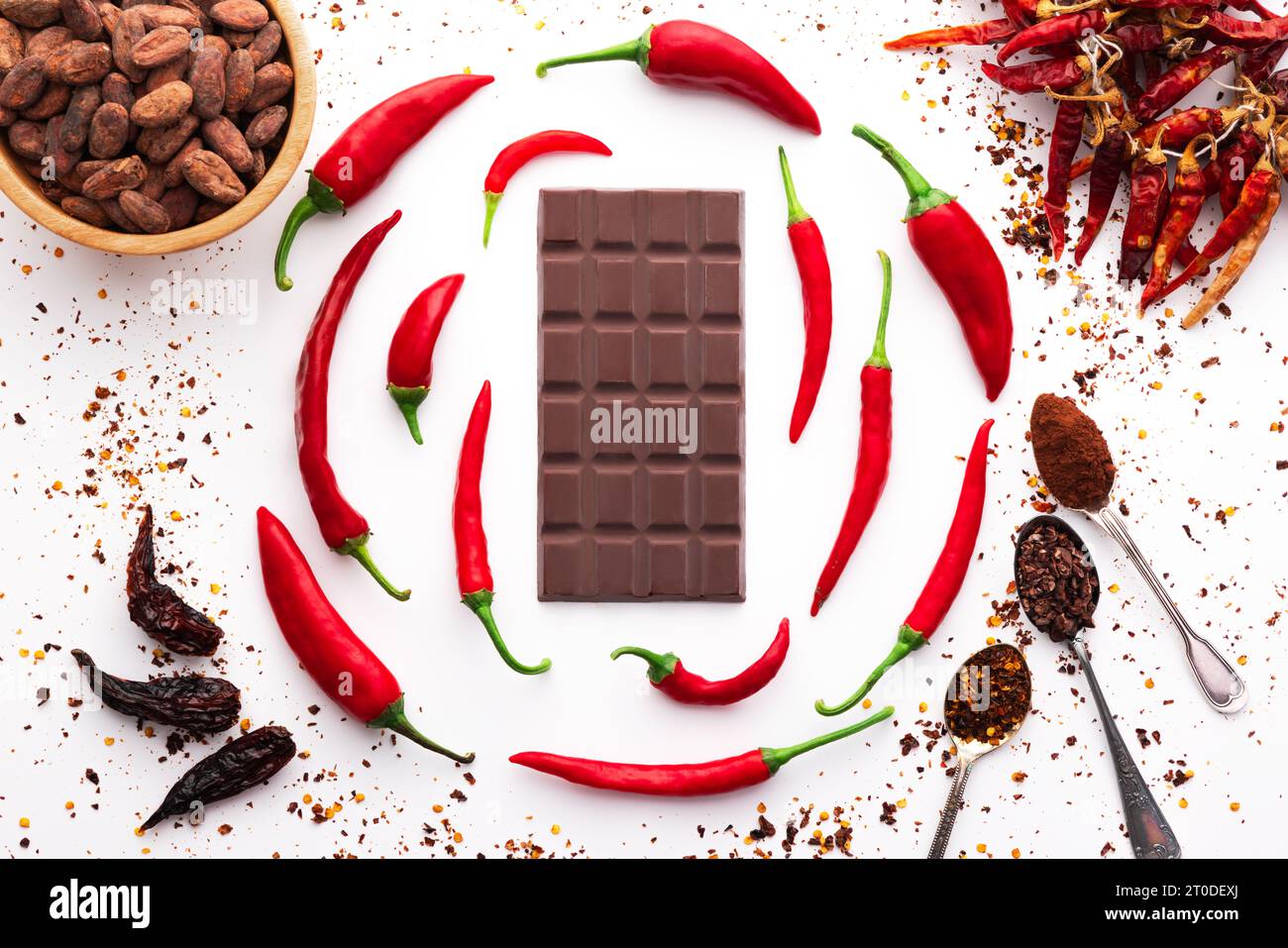 Dark chocolate bar, red hot chilli pepper cayenne, dry hot chili spices