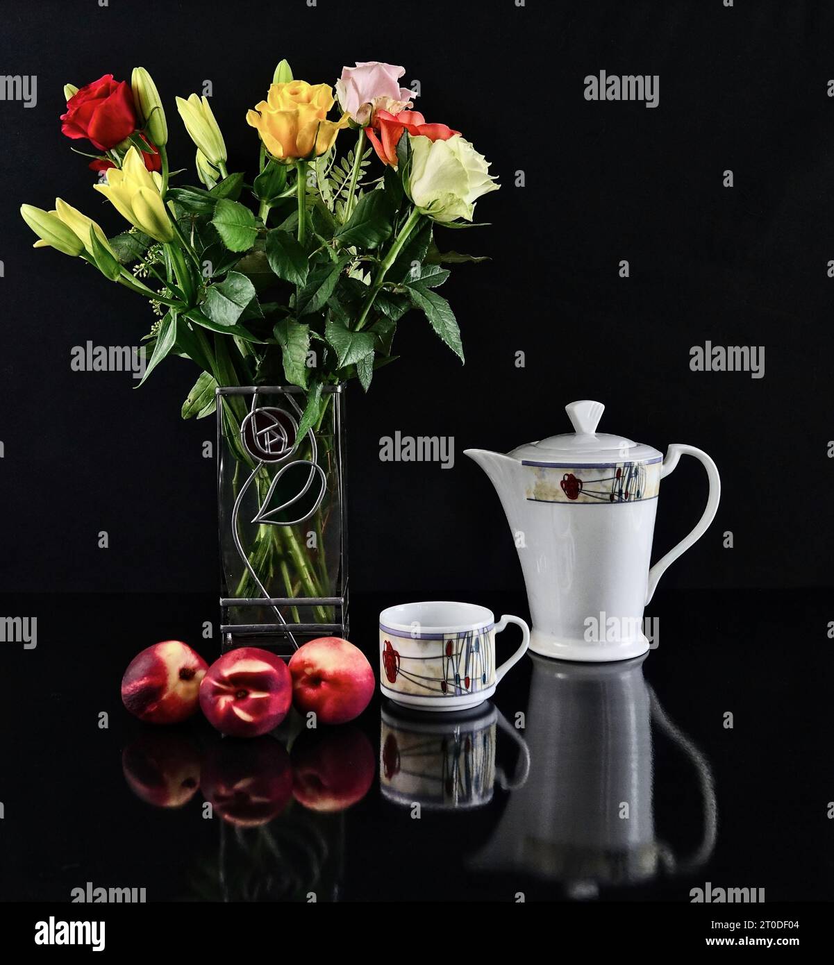 Art Deco tea set still life with fruit and flowers Stock Photo Alamy