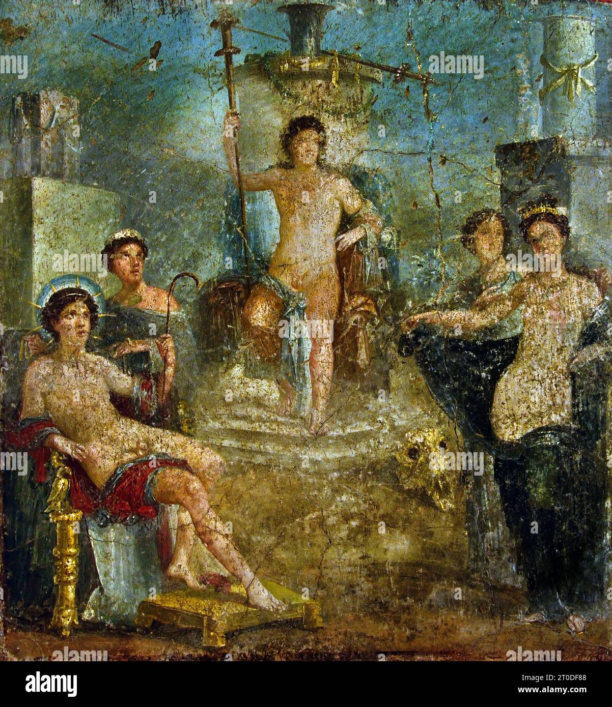 A contest between Venus and Hesperus. Apollo sitting as judge. House of the Gaius Rufus. Pompeii Fresco Pompeii Roman City is located near Naples in the Campania region of Italy. Pompeii was buried under 4-6 m of volcanic ash and pumice in the eruption of Mount Vesuvius in AD 79. Italy Stock Photo