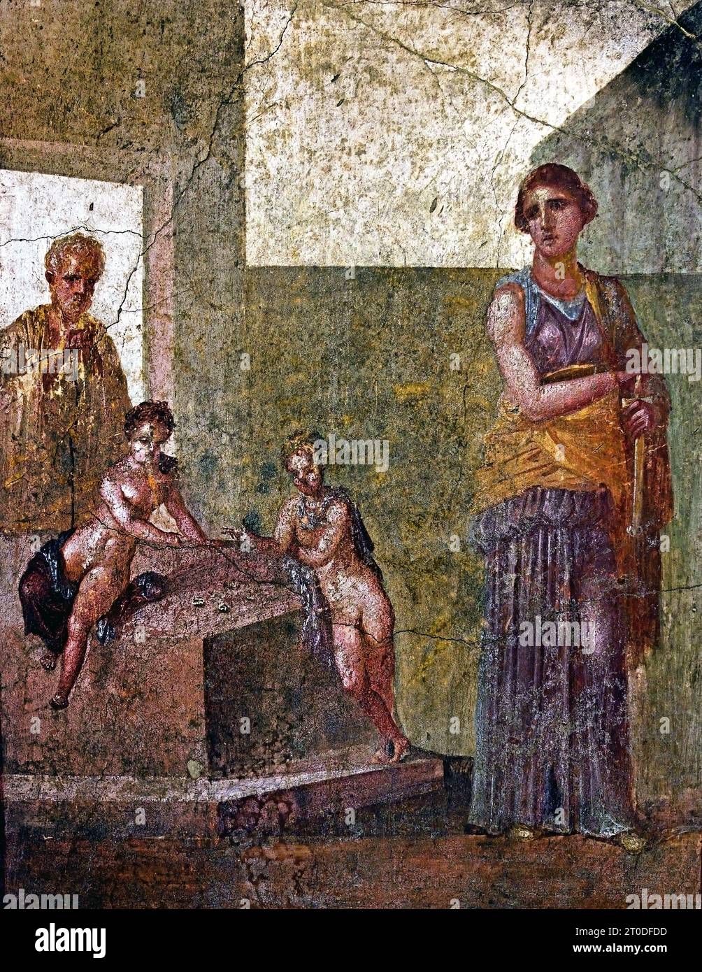 Medea 62-79 AD The little ones who are sadly playing on a podium under the watchful gaze of the old pedagogue, foretells the imminent drama. Fresco Pompeii Roman City is located near Naples in the Campania region of Italy. Pompeii was buried under 4-6 m of volcanic ash and pumice in the eruption of Mount Vesuvius in AD 79. Italy Stock Photo