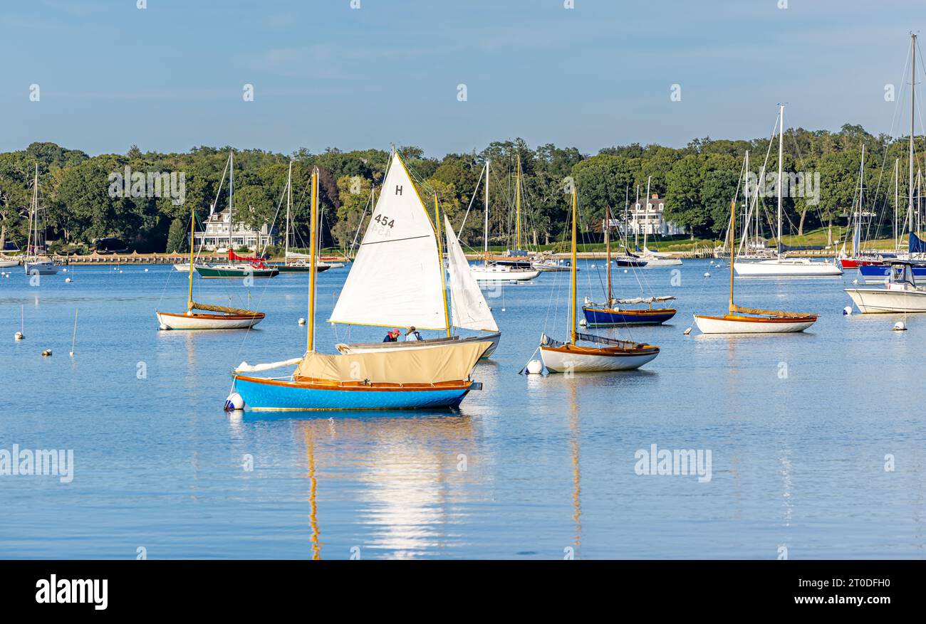 boats on mooriing in dering harbor, shelter island, ny Stock Photo