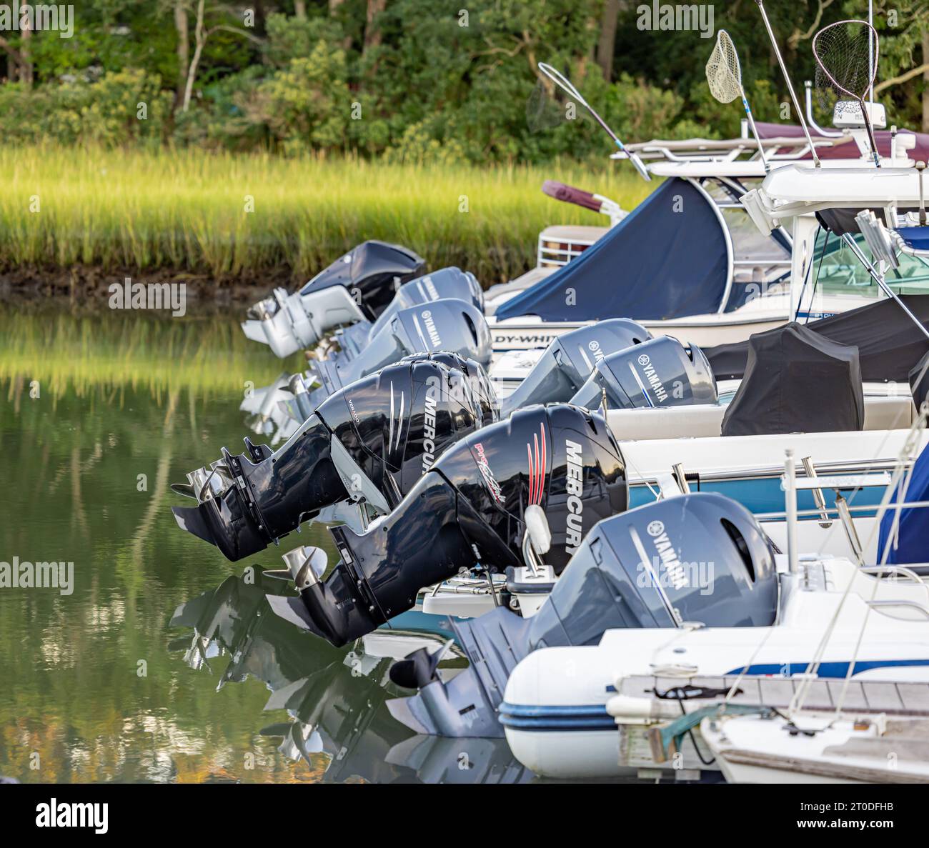 detail image of outboard engines in a row at a marina Stock Photo