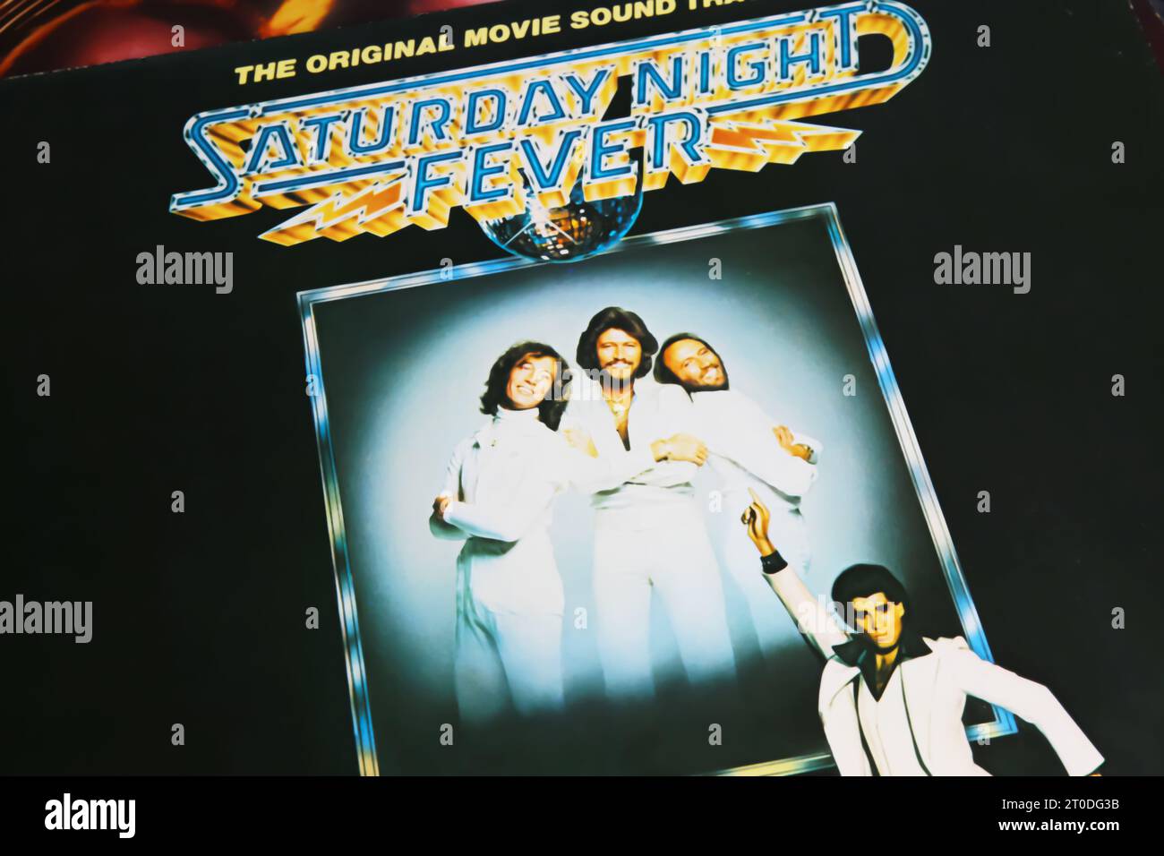 Viersen, Germany - March 9. 2023: Closeup of vinyl record cover with soundtrack of saturday night fever disco dance movie from 1977 Stock Photo