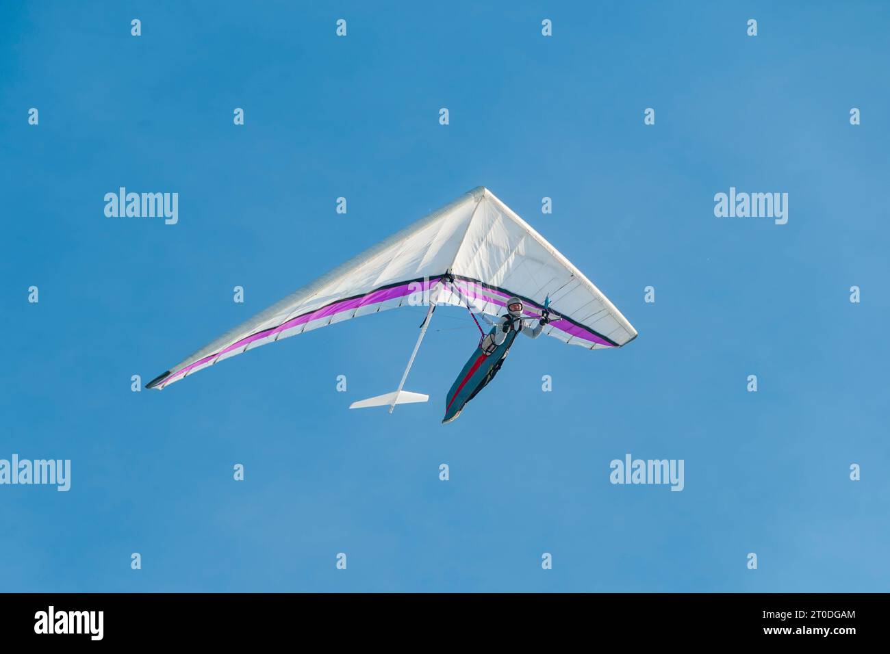 Hang glider pilot soaring in the blue sky. Extreme airborne sport Stock Photo