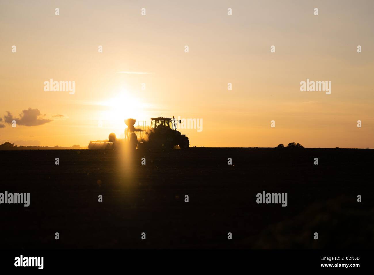 Mechinised seed sowgn at sunset, on a farm in kent October 2023. This crop will be harvested in late summer 2024 Stock Photo