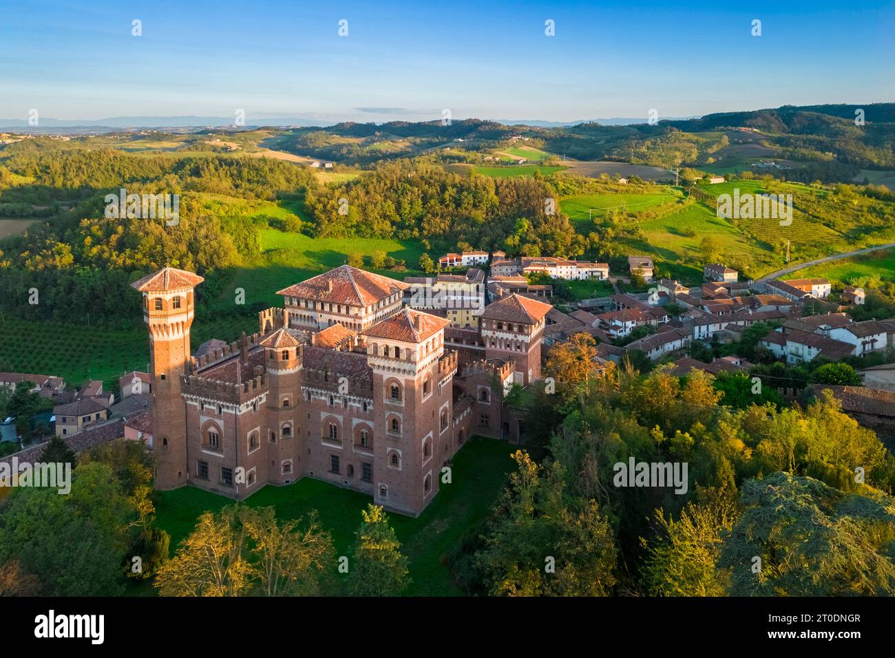 Aerial view at sunset of the Castle of Cereseto, Alessandria district, Monferrato, Piedmont, Italy, Europe. Stock Photo