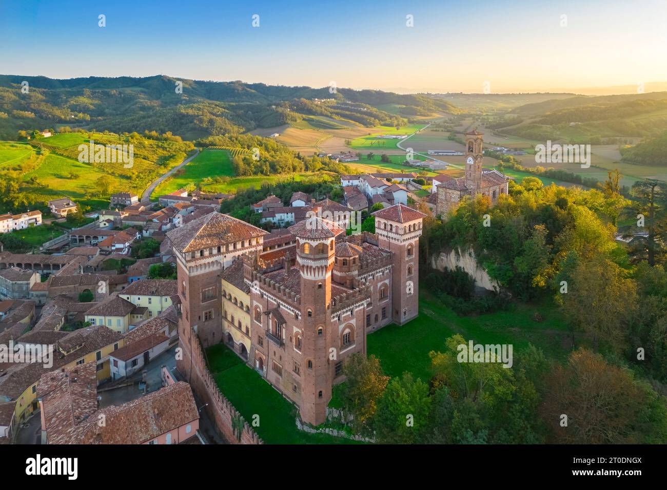 Aerial view at sunset of the Castle of Cereseto, Alessandria district, Monferrato, Piedmont, Italy, Europe. Stock Photo