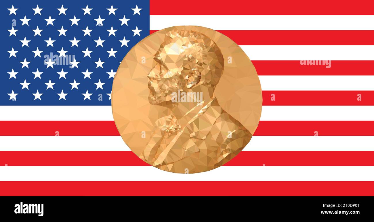 Gold Medal Nobel prize with United States of America flag in background, vector illustration Stock Vector