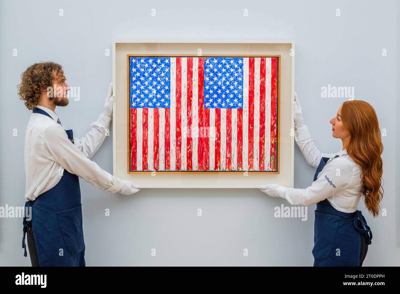 London, UK. 6th Oct, 2023. Jasper Johns, Flags, 1986, est $35-45m, offered by one of the greatest patrons and collectors, Emily Fisher Landau, to be sold in New York but on display at Sothebys in London. Credit: Guy Bell/Alamy Live News Stock Photo