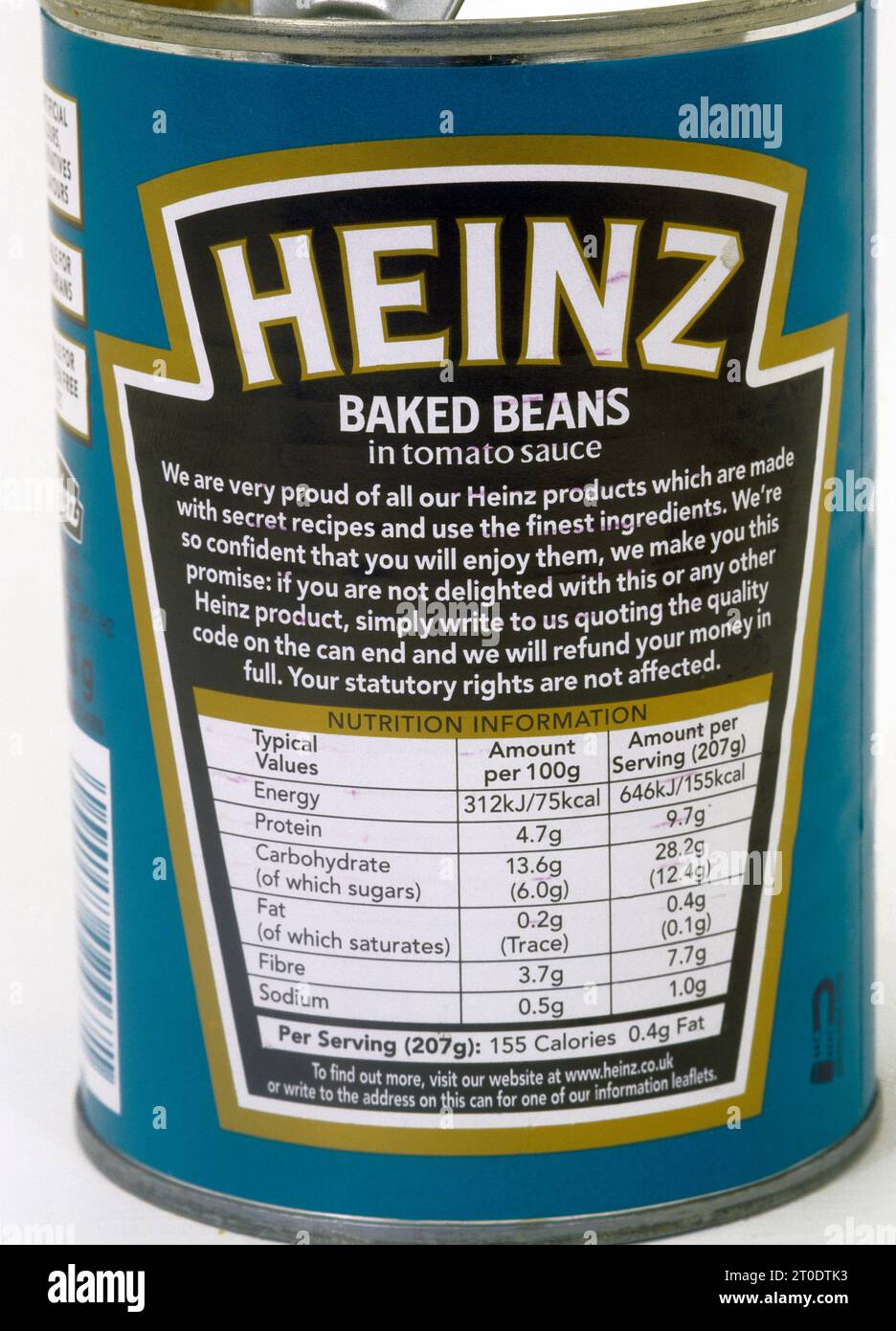 Tin of Heinz Baked Beans in Tomato Sauce showing Nutrition Information Stock Photo