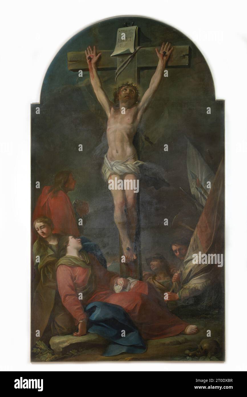 Corinaldo (Italy, Marche - province of Ancona), Claudio Ridolfi Art Gallery. Giuseppe Marchesi known as Samson, Crucifixion with the Virgin and Mary Magdalene, oil on canvas, from the church of Sant'Anna alla Rocca Stock Photo
