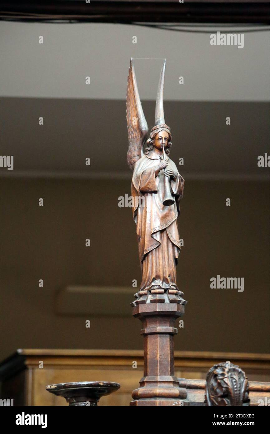 St Luke's Church Carved Wooden Angel with Trumpet Sydney Street Chelsea London England Stock Photo