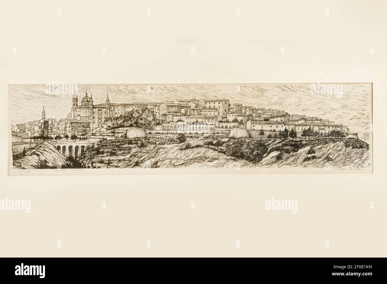 View of Urbino (Marche - Pu). Woodcut, 20th century. Private collection Stock Photo