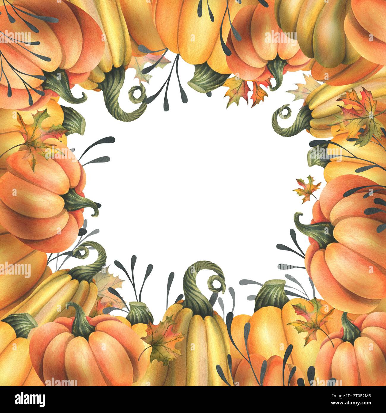 Orange autumn pumpkins with maple leaves and twigs. Watercolor ...