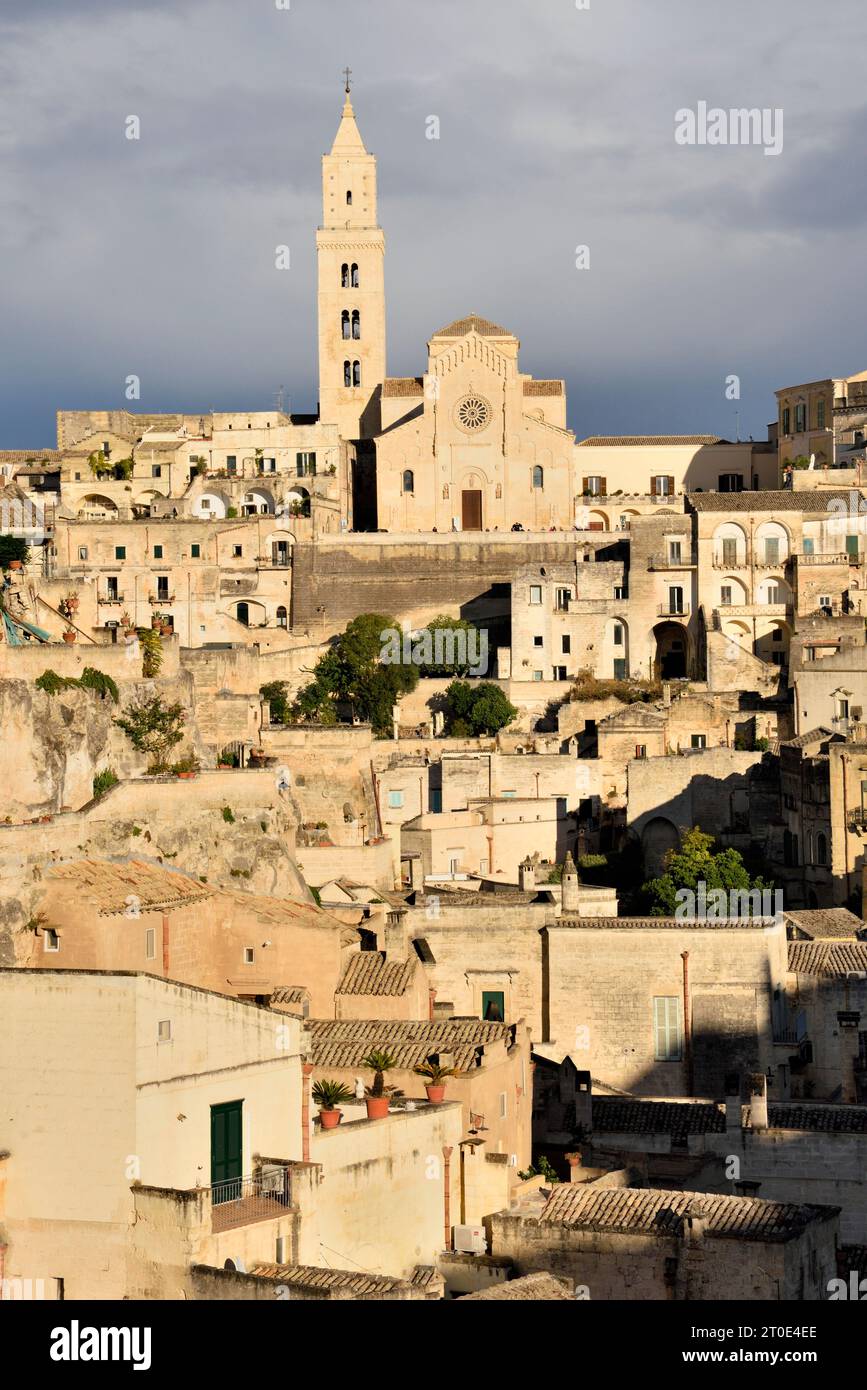 Matera (Italy, Basilicata, province of Matera). Panorama from the Belvedere Guerricchio, from the Tre Archi on the Sasso Barisano and the Civita Stock Photo