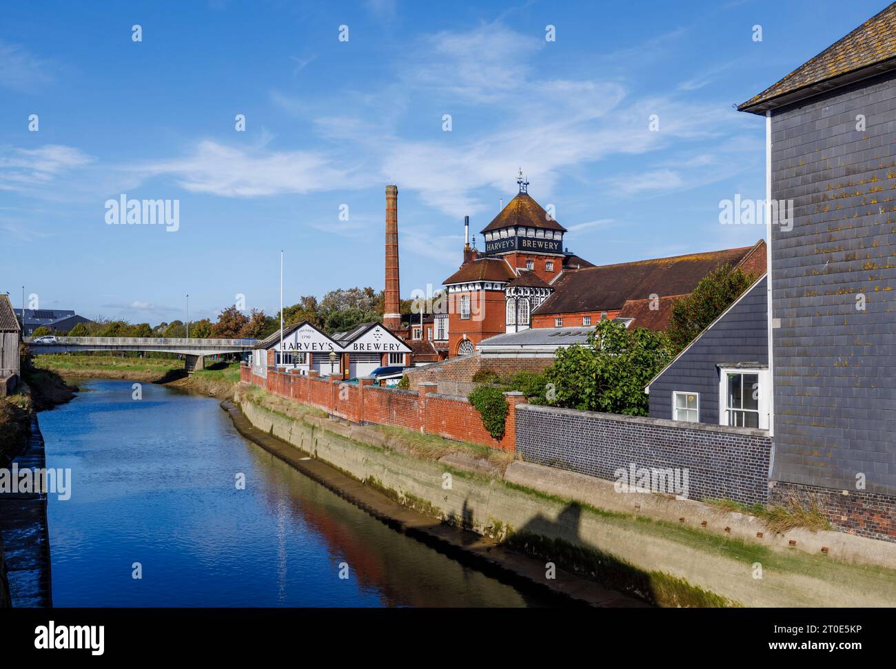 View from the bridge in Cliffe High Street of Harvey's Brewery on the banks of the River Ouse in Lewes, East Sussex  county town, south-east England Stock Photo