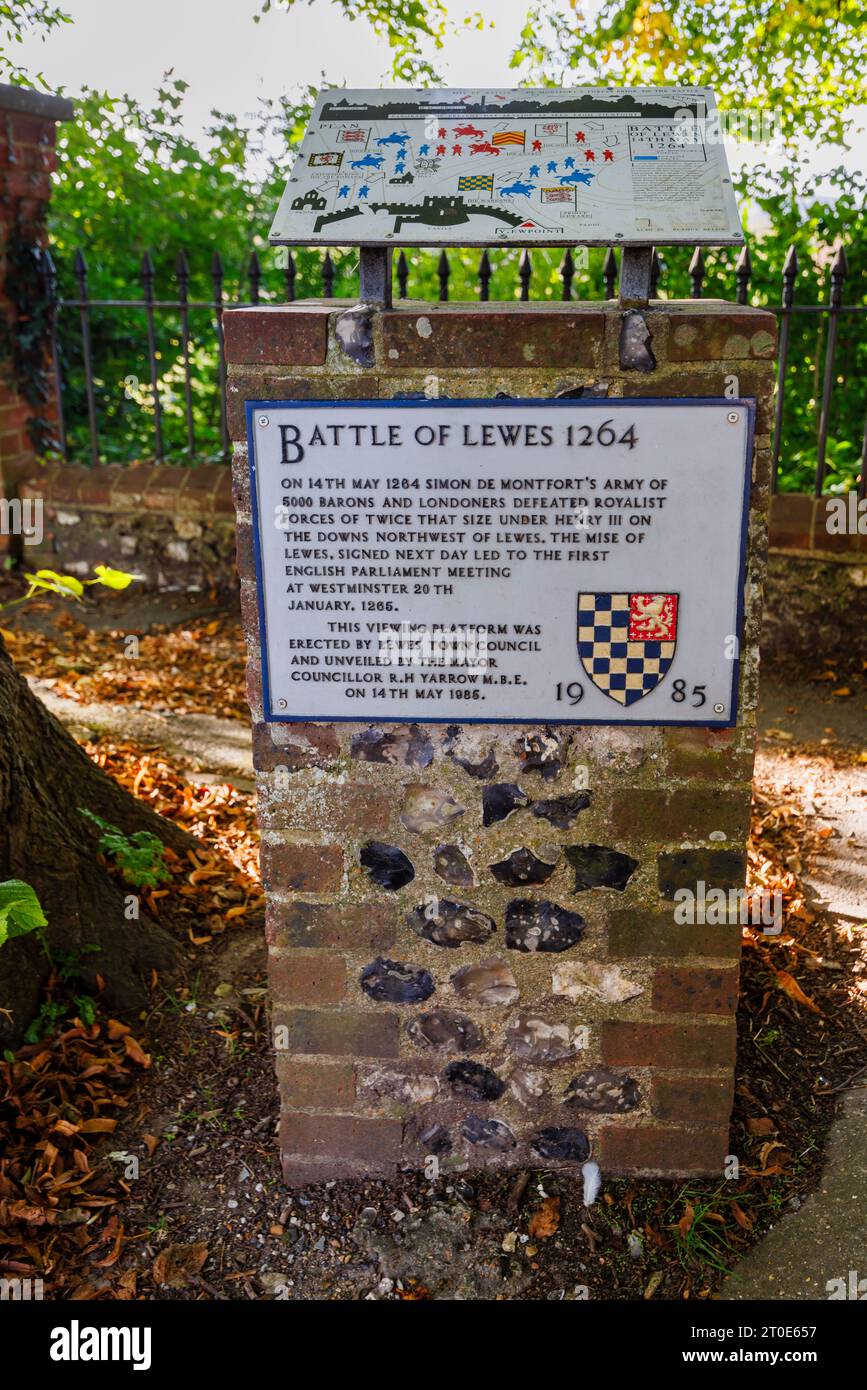 Plaque commemorating the site of the Battle of Lewes in 1264 on a viewing platform in Lewes, historic county town of East Sussex, south-east England Stock Photo