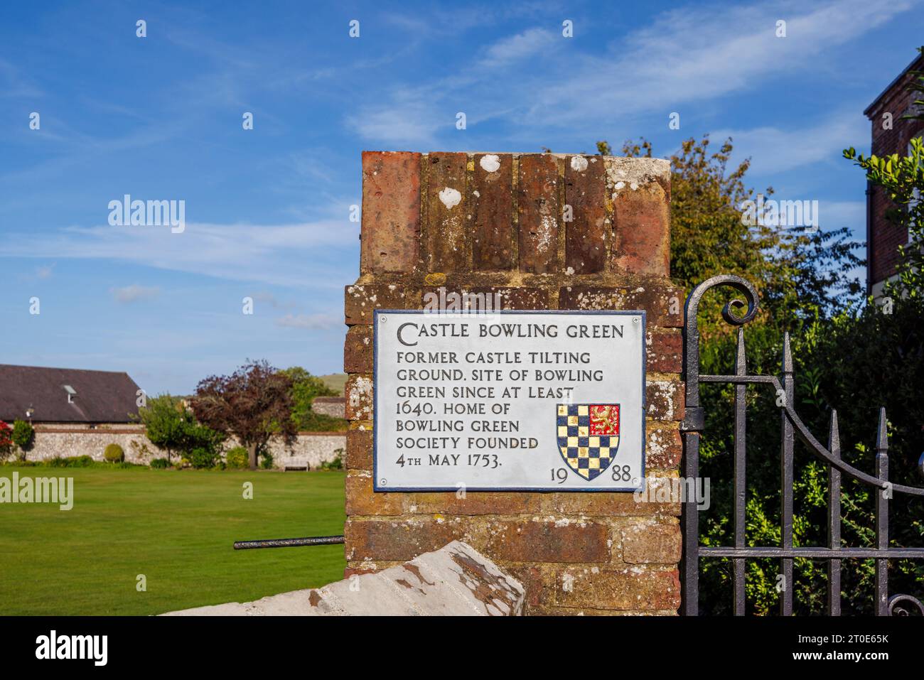 Sign at the Castle Bowling Green, the former Lewes Castle tilting ground, in Lewes, the historic county town of East Sussex, south-east England Stock Photo
