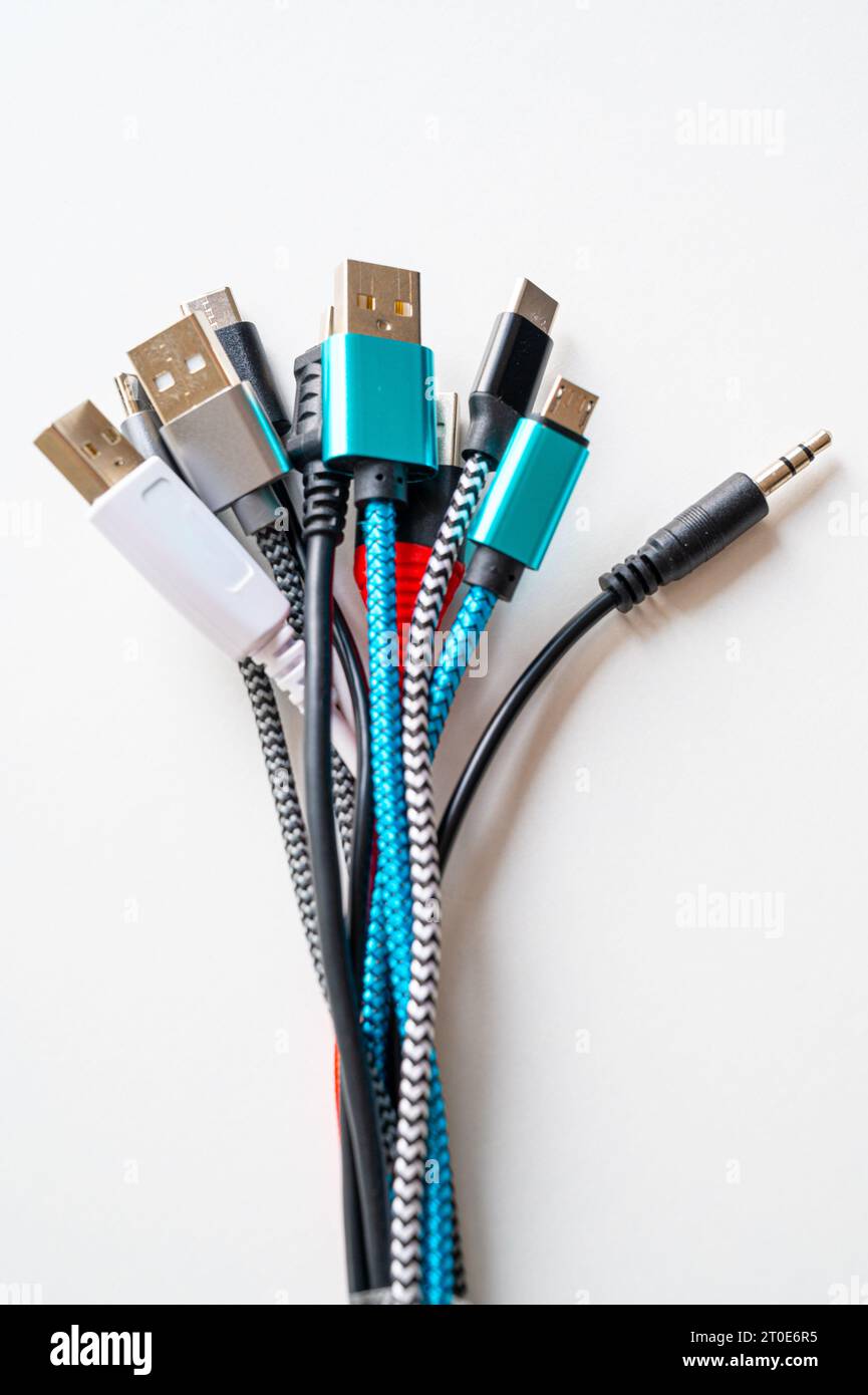 Various types of plugs and cables for audio, video, computer