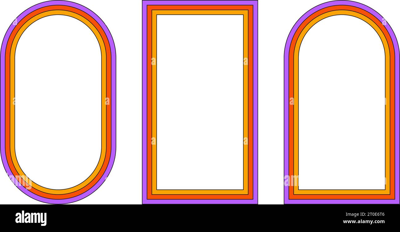 Groovy rainbow frames in 1970s hippie style. Psychedelic retro borders. Text box funky 70s. Good vibes background. Pop vintage groovy rectangle and Stock Vector
