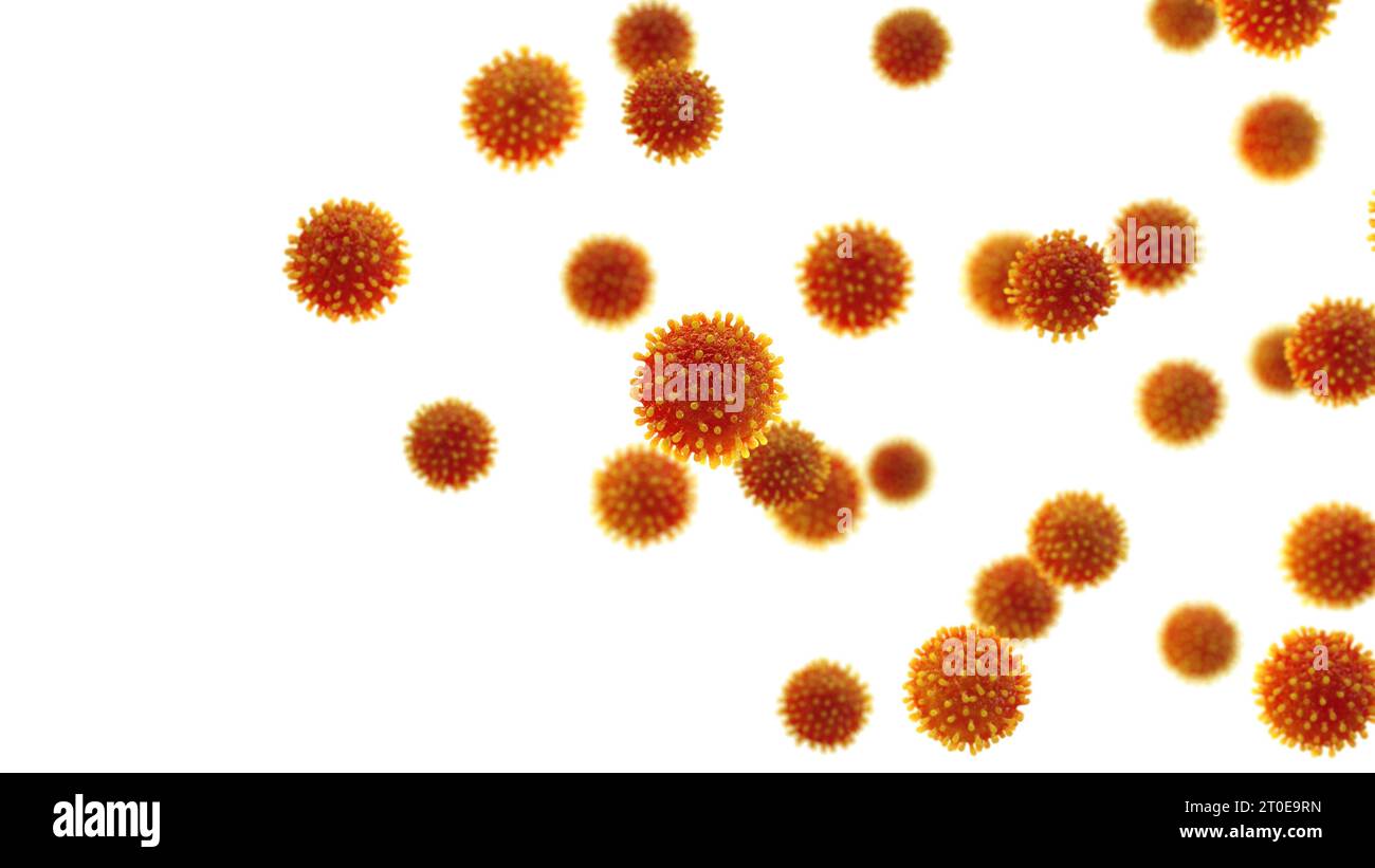 Viruses are infectious pathogens that replicates in living cells. Red viruses isolated on white background Stock Photo
