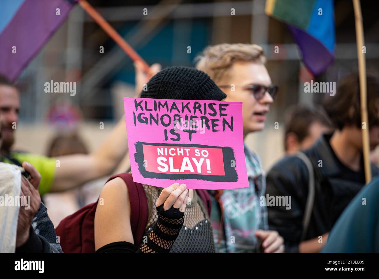 On October 6, 2023 480 people joined a demonstration of Fridays for Future in Munic, Germany. They protest against the climate crisis, the endangerment of basic democratic rights & raids against FFF or Last Generation and a turn to the right. (Photo by Alexander Pohl/Sipa USA) Stock Photo