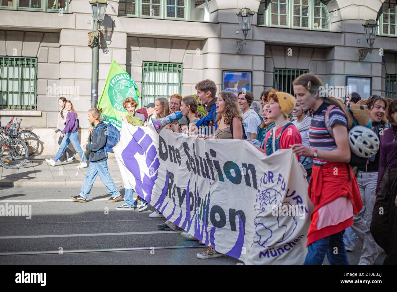On October 6, 2023 480 people joined a demonstration of Fridays for Future in Munic, Germany. They protest against the climate crisis, the endangerment of basic democratic rights & raids against FFF or Last Generation and a turn to the right. (Photo by Alexander Pohl/Sipa USA) Stock Photo