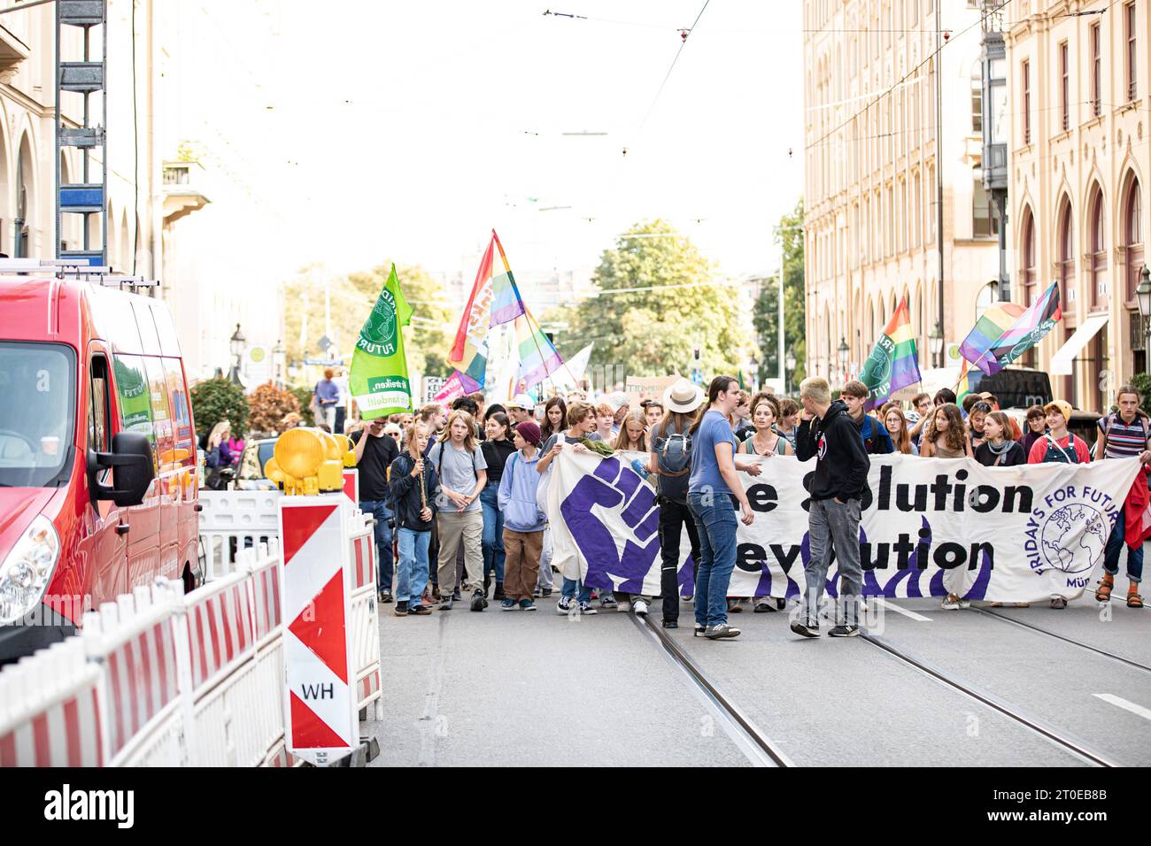 On October 6, 2023 480 people joined a demonstration of Fridays for Future in Munic, Germany. They protest against the climate crisis, the endangerment of basic democratic rights & raids against FFF or Last Generation and a turn to the right. (Photo by Alexander Pohl/Sipa USA) Stock Photo