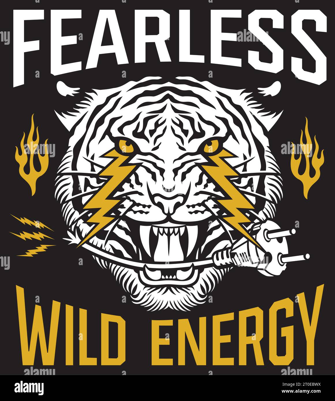 Fearless - Wild Energy Poster. Tiger Face with Lightning Bolts Color. Vector Illustration. Stock Vector
