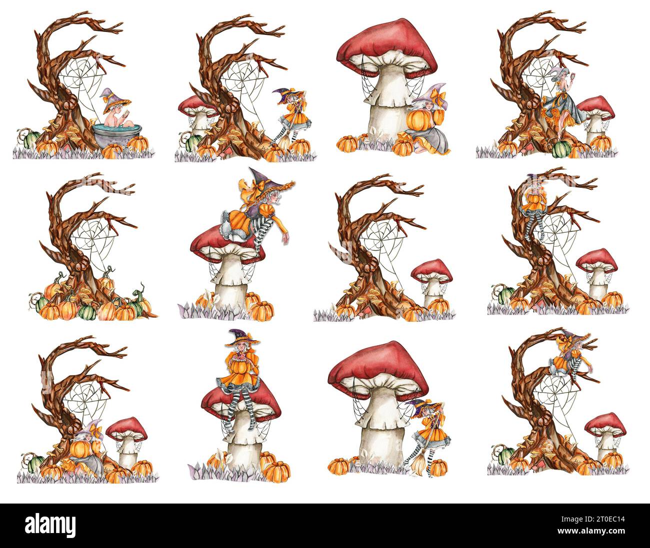 Watercolor hand drawn composition of autumn with pumpkins, mushroom and ...