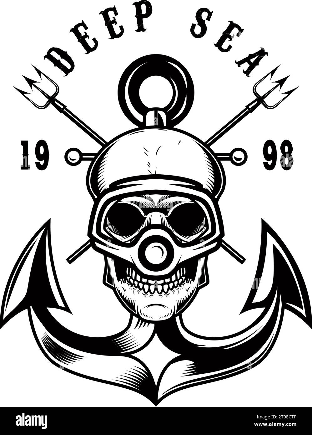 Vintage diver skull with anchor and tridents. Nautical sailor skull with anchor. Sailor emblem. Design element, Vintage diver skull with anchor and tr Stock Vector