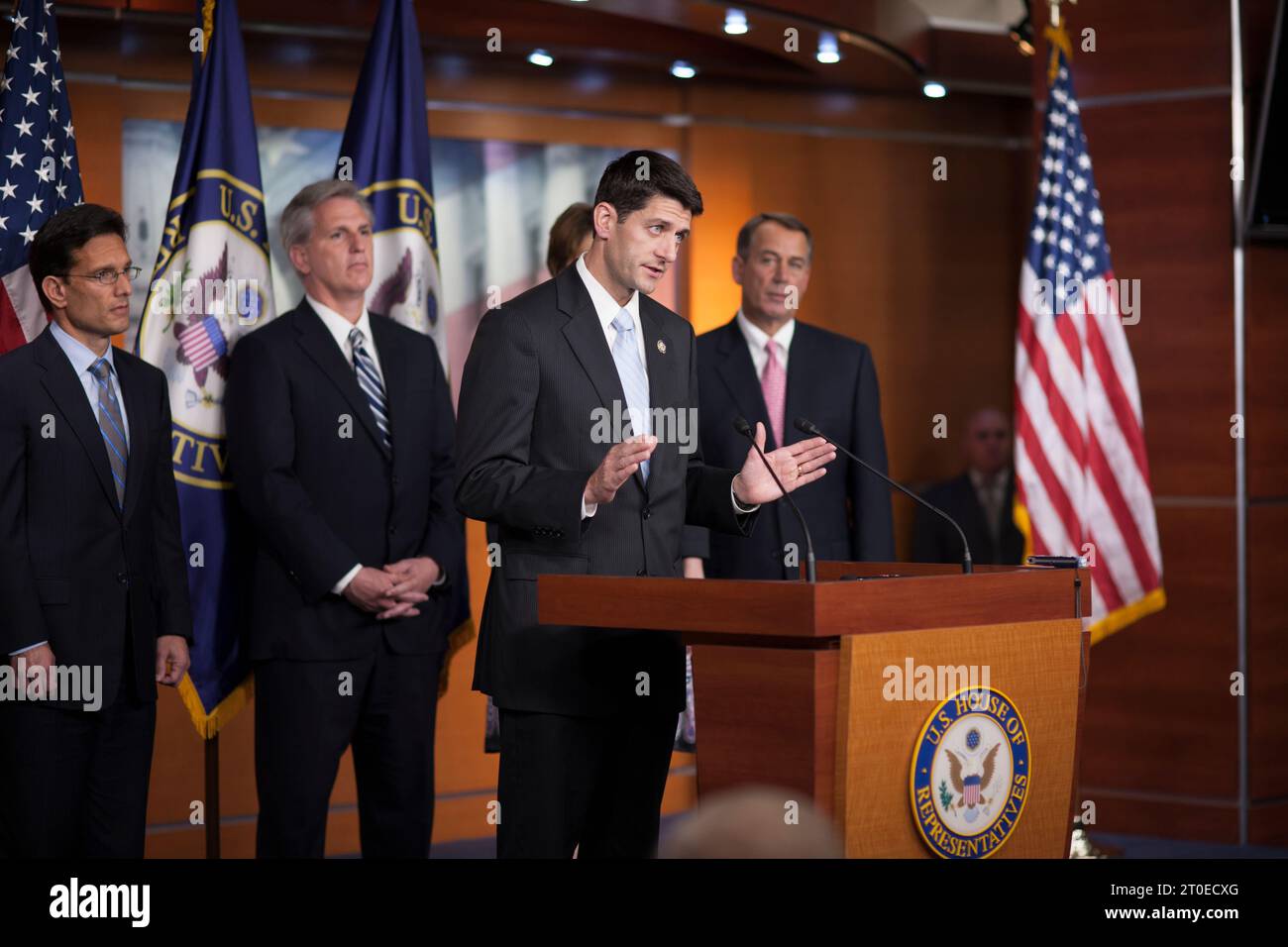Where are they now?  The image was taken on August 1st 2011, when republicans were united in their refusal to increase the debt imit. The press conference was lead by House Majority Leader Eric Cantor and flanked by Republican Conference Chairman Jeb Hensarling, House Majority Whip Kevin McCarthy, chairman of the budget committee Paul Ryan, vice chair of the RNC Cathy Mc Morris Rodgers and Speaker of the House John Boehner Stock Photo
