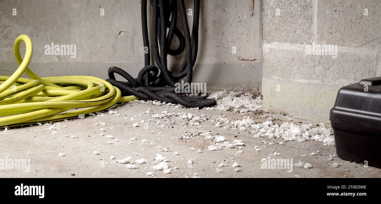 Mice infestation in service room of strata building. Room corner with many rodent droppings, white insulation pieces from the ceiling and rodent bait Stock Photo