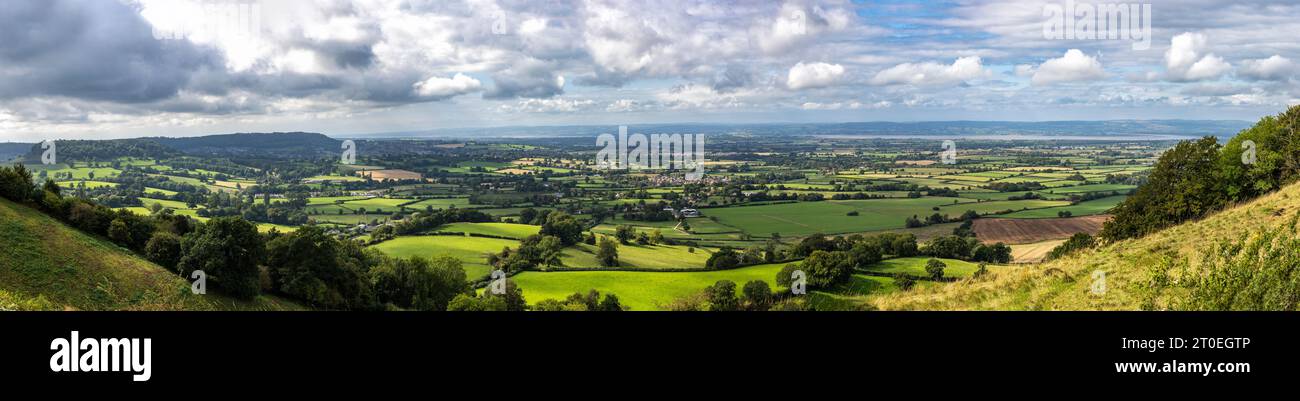Panoramic view of the Severn Valley from Coaley Peak, Gloucestershire, England, United Kingdom Stock Photo