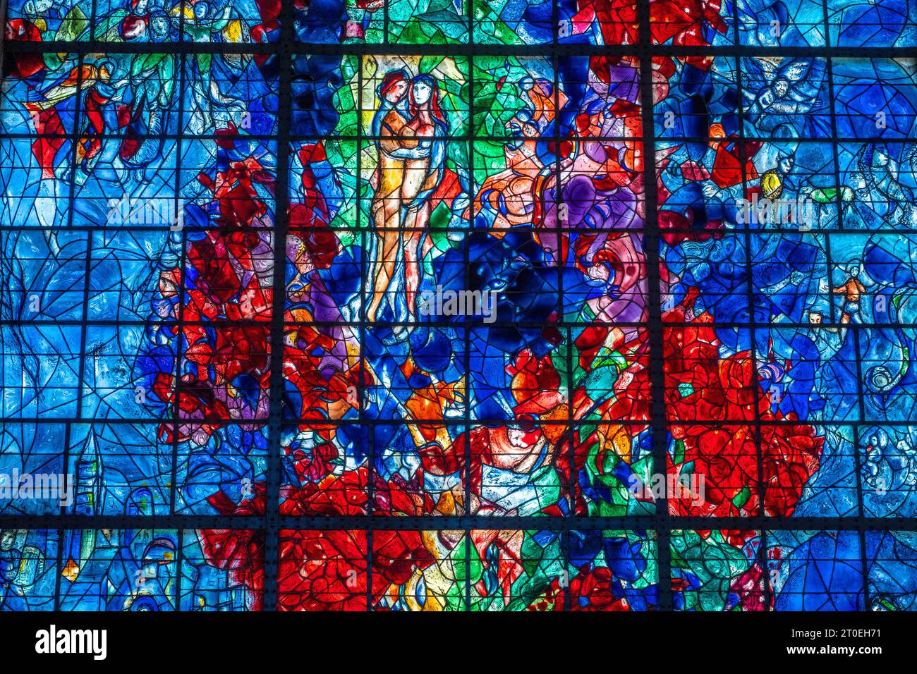 Stained glass window by Marc Chagall (Chagall window) in the Chapelle des Cordeliers, Saarebourg, Grand Est region, Moselle department, Grand Est, France. Stock Photo