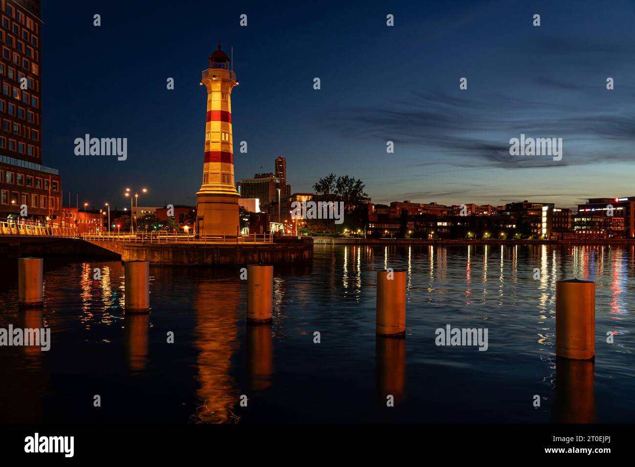 Old lighthouse in Malmö harbor, Skane, Sweden Stock Photo