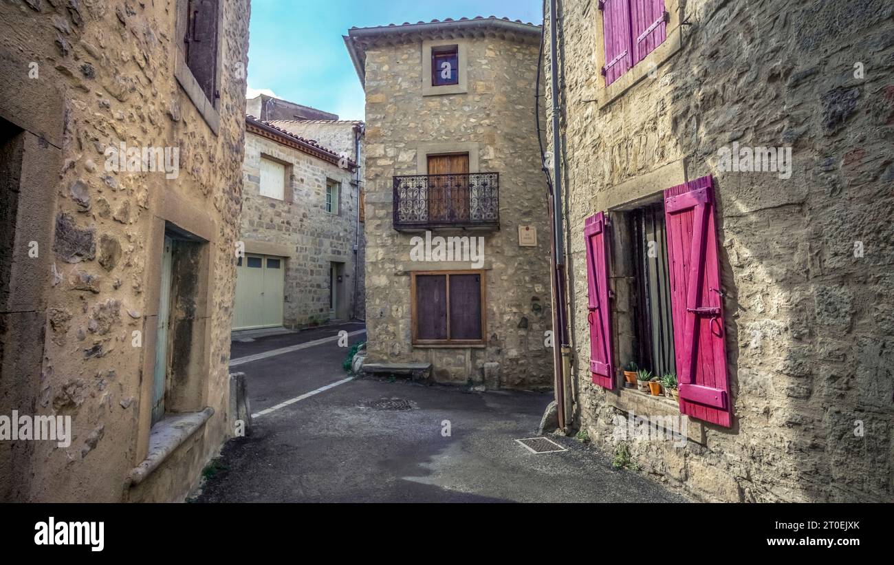 Village street in lagrasse plus beaux villages de france hires stock