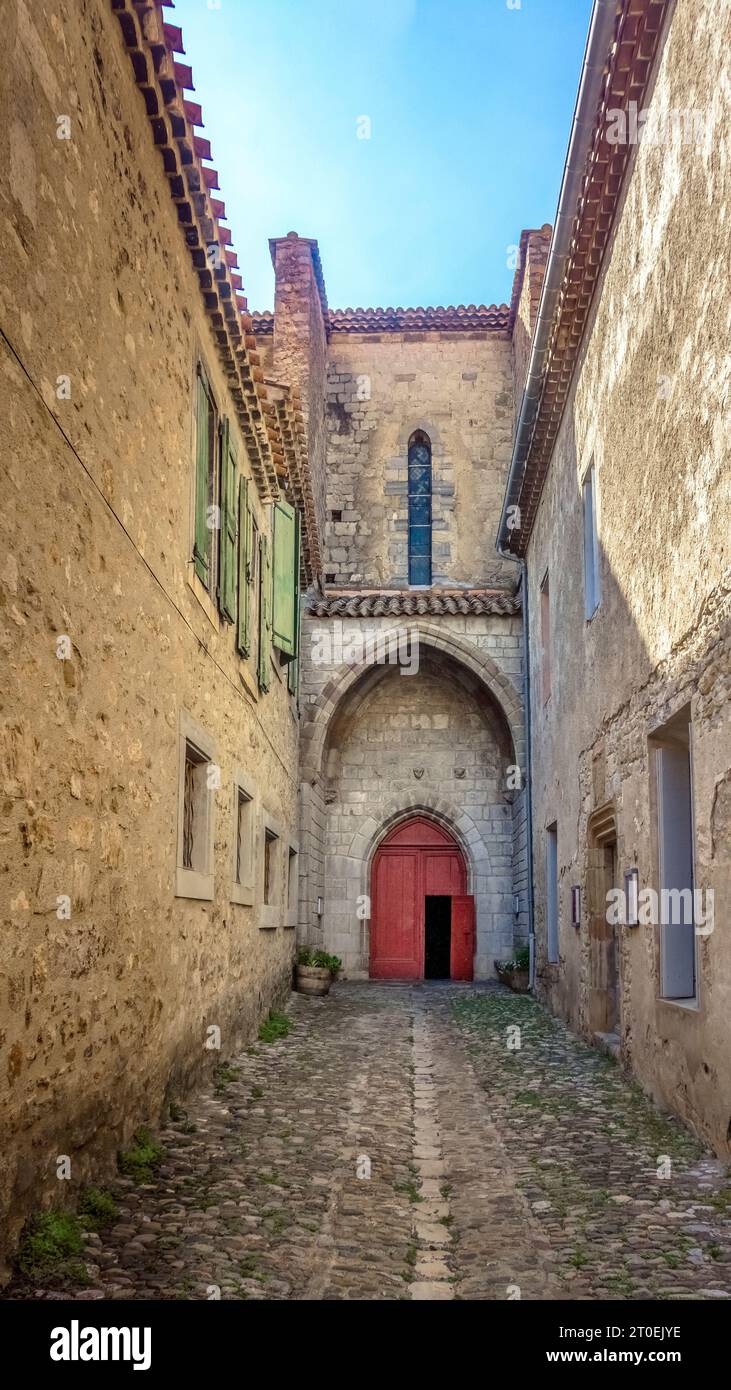 Parish Church of Saint Michel in Lagrasse. Built in the XIV century in Gothic style. Monument historique. Plus beaux villages de France. Stock Photo