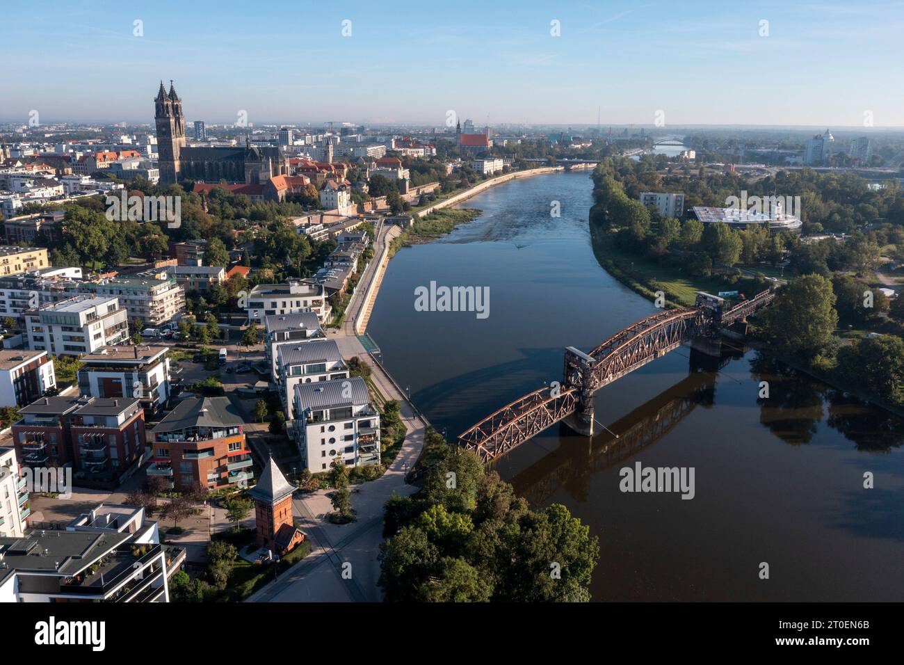 Historical railroad bridge, lift bridge, Elbe, Magdeburg, Saxony-Anhalt, Germany Stock Photo