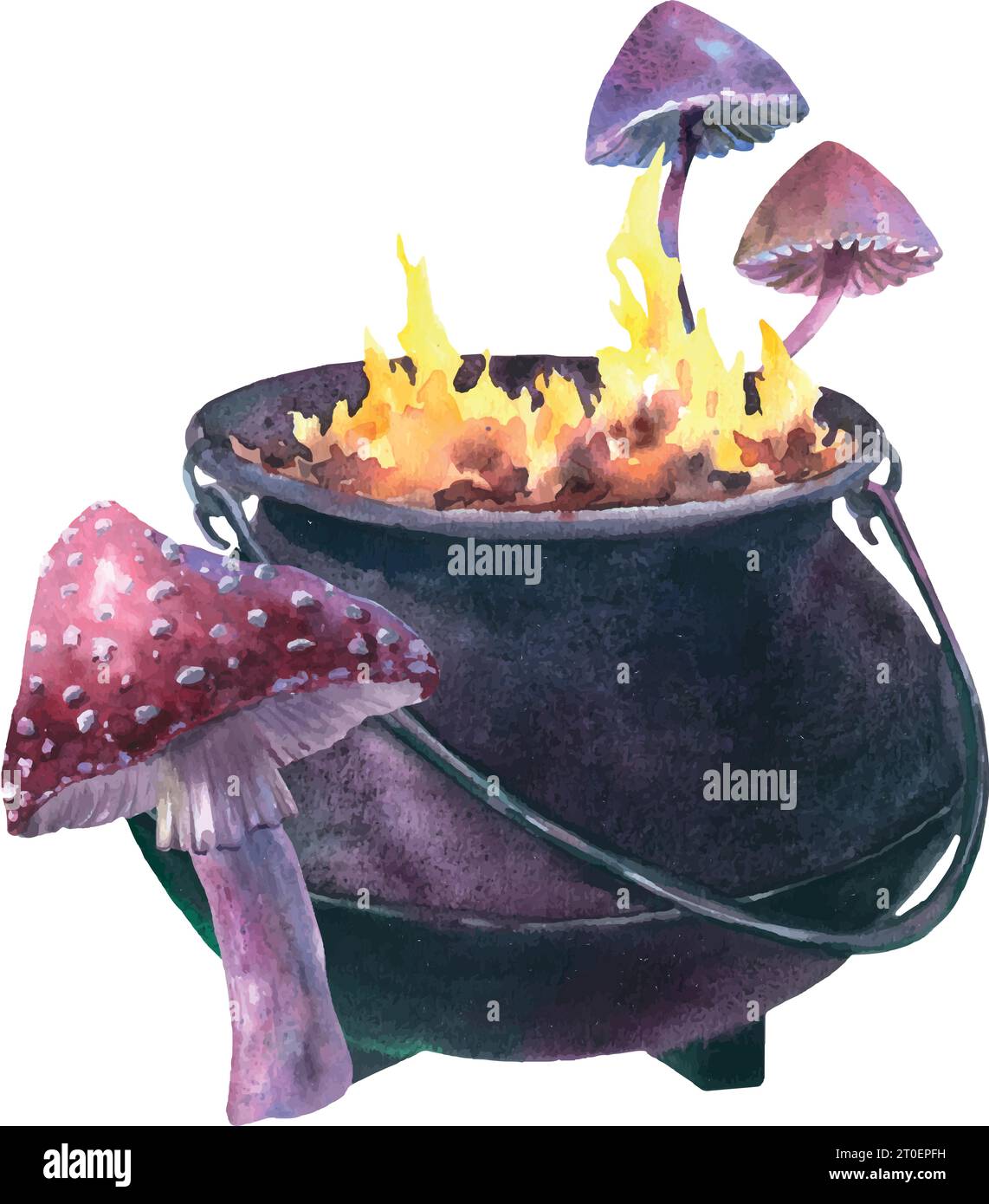 Watercolor vector Witch Cauldron with Fly agaric and toxic mushrooms. Hand painted illustration of Caldron with fire for Halloween clip art. Isolated Stock Vector