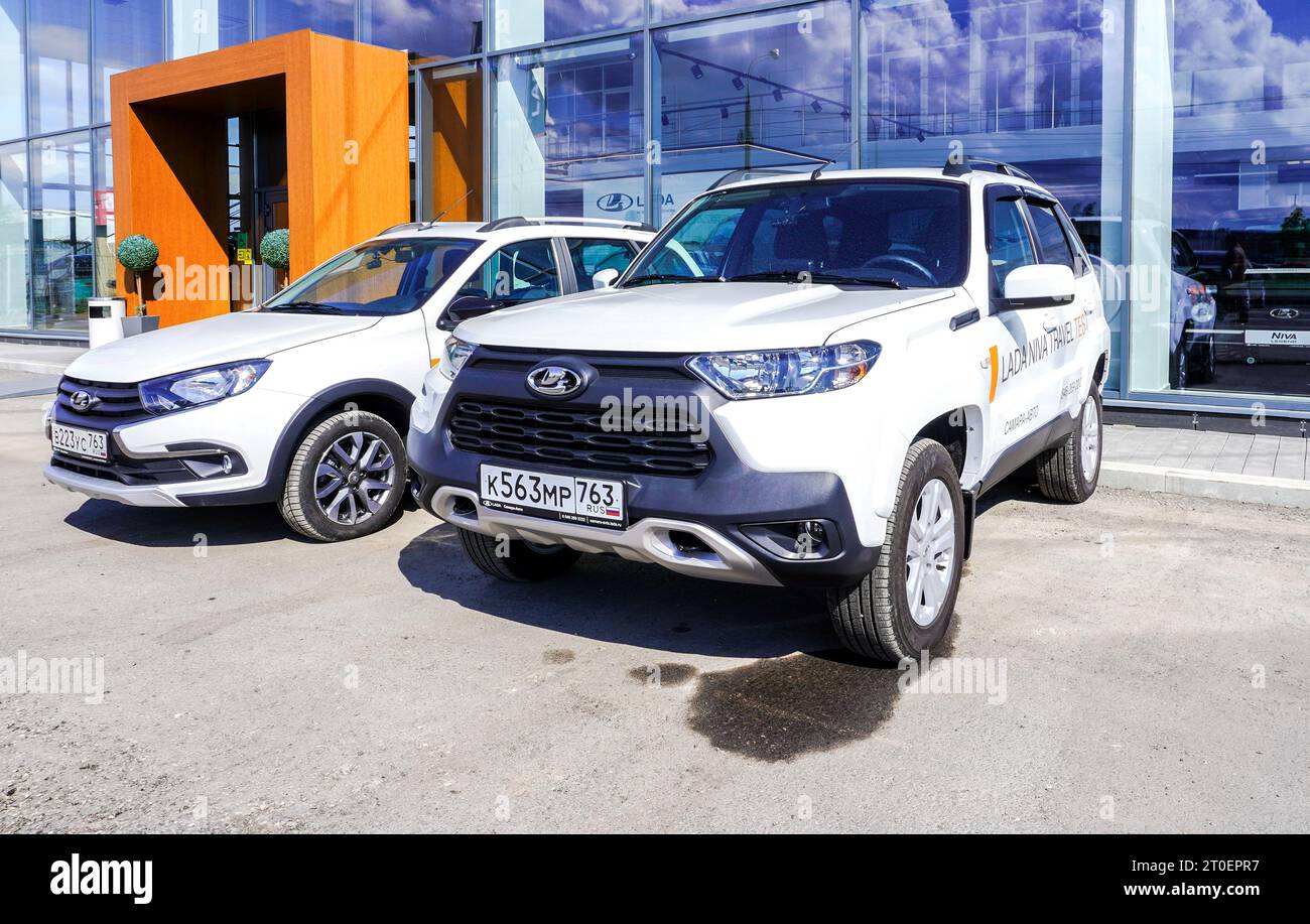Samara, Russia - May 14, 2023: Brand new Lada Niva Travel offroad vehicle next the office of official dealer Stock Photo