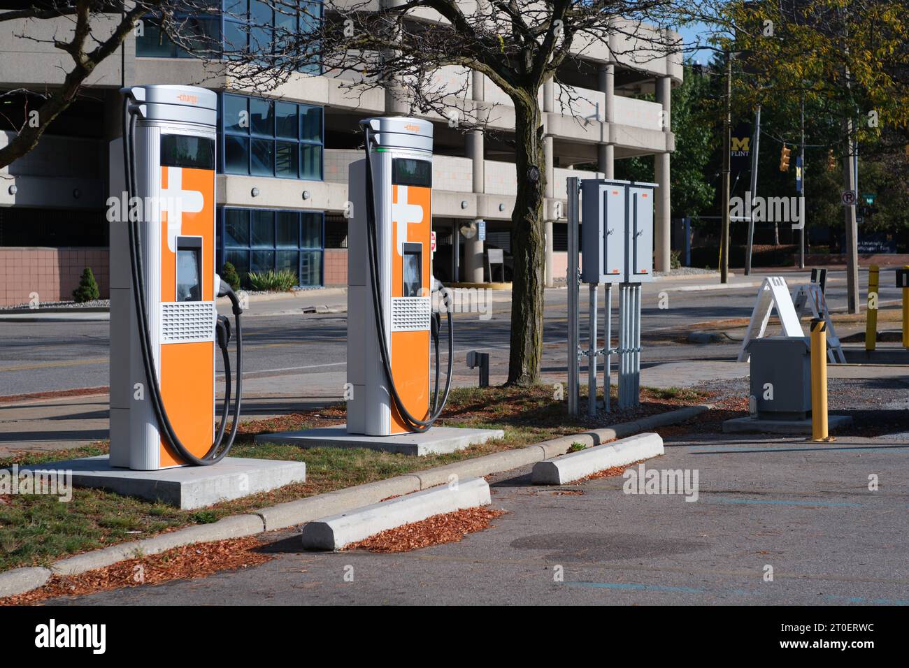 ChargePoint electric car chargers in downtown Flint Michigan USA Stock Photo