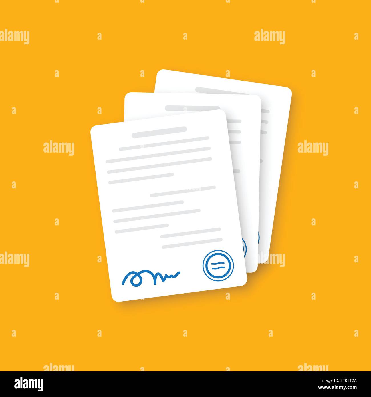 Document with stamp and text icon in flat style. White papers vector illustration on isolated background. Confirmed or approved document sign business Stock Vector