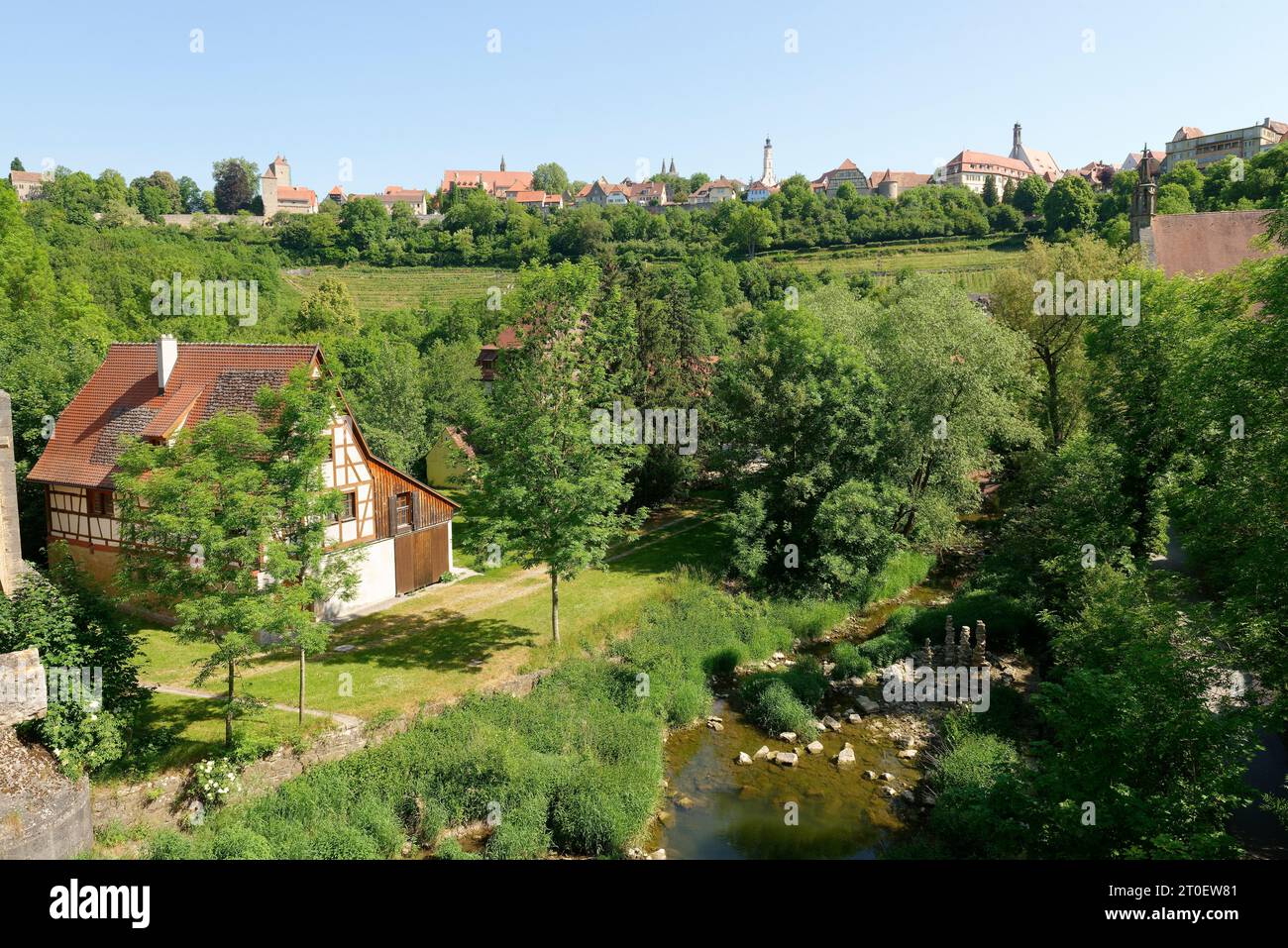 View from the double bridge to the Herrenmühle and the old town, Rothenburg ob der Tauber, Middle Franconia, Romantic Road, Tauber Valley, Bavaria, Germany Stock Photo